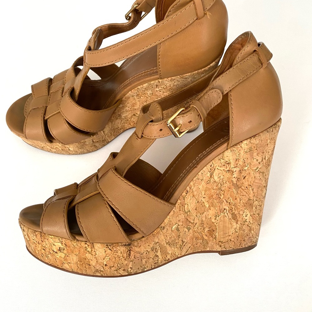 Tory Burch Shoes Wendelle Leather Cork Wedges Sandals Brown size 8.5